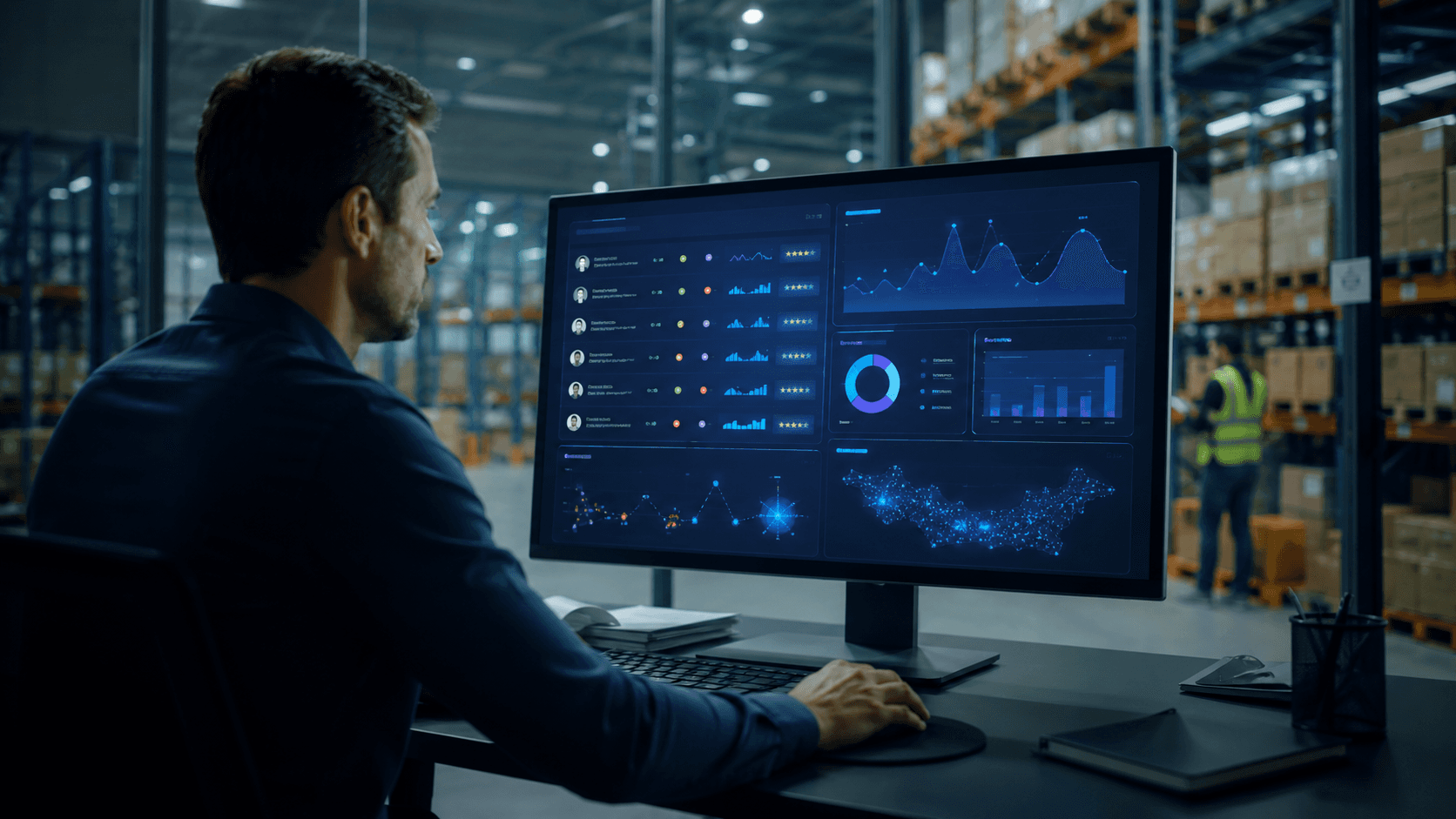 Cena realista 3D de um gestor comercial B2B analisando um painel avançado de inteligência artificial em um escritório moderno integrado a um centro de distribuição. Na tela aparecem gráficos preditivos, indicadores de recompra, clientes inativos destacados e priorização automática de carteira, tudo com visual corporativo e tecnológico. Ambiente profissional, iluminação cinematográfica discreta, tons frios e sensação de operação estratégica orientada por dados. Sem textos na imagem.