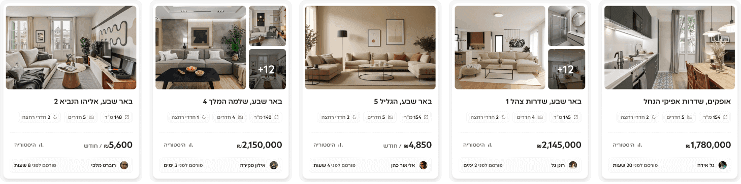 כרטיסי דירות להשכרה או מכירה ממתווכים במרקטפלייס