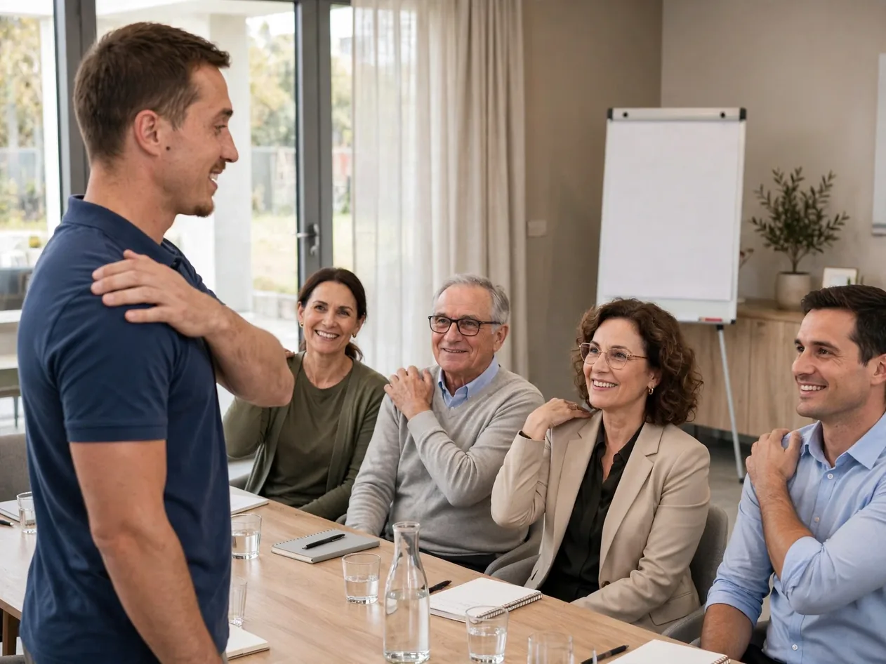 Un intervenant guide un exercice de mobilité pendant une formation