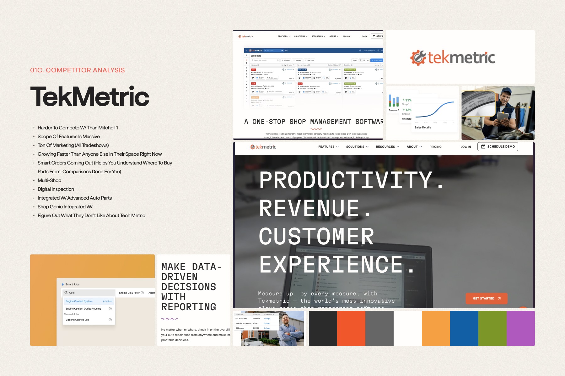 A screenshot of a website called Tekmetric, showcasing their services and features. The website is divided into sections, including a product page, a customer experience page, and a competitive analysis page. The image also features a video of a man talking about the company's services.