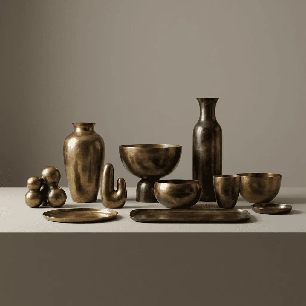 Three golden geometric shapes: a sphere, a tall rectangle, and a cube, arranged on a stone platform.