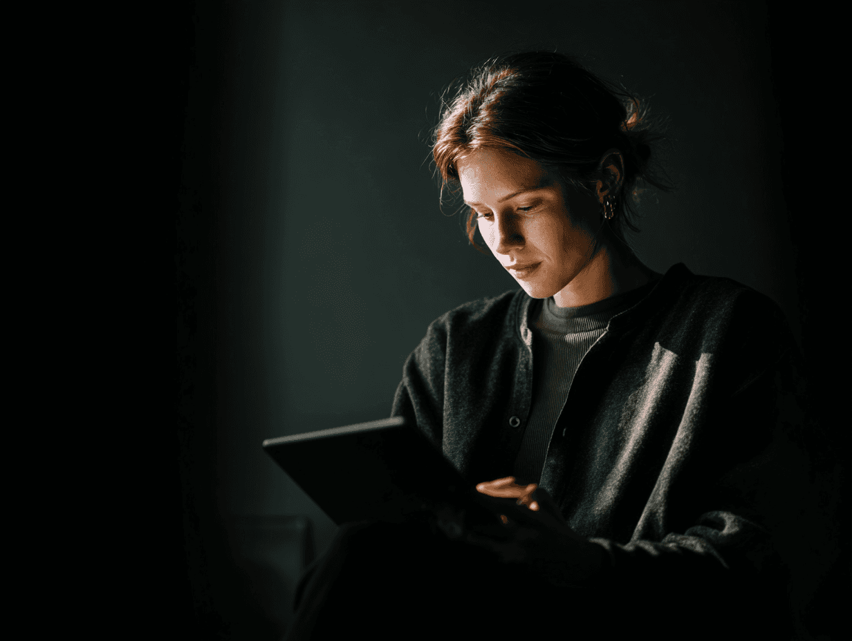 a woman looking at her tablet screen intensely