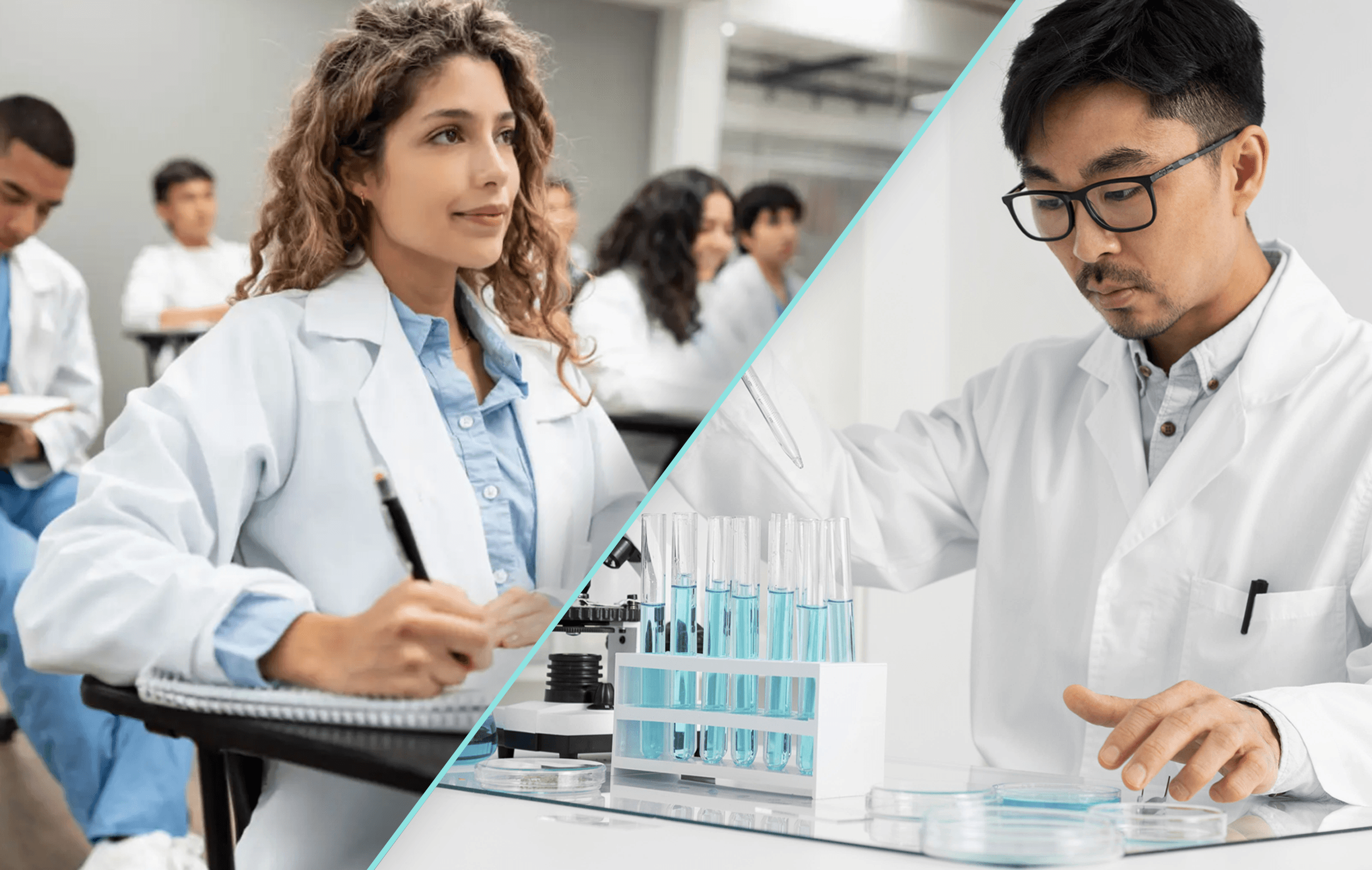 A female student in a lab coat attentively takes notes in a classroom setting, while a male scientist in a lab coat conducts experiments with test tubes filled with a blue liquid in a laboratory, highlighting education and scientific research.