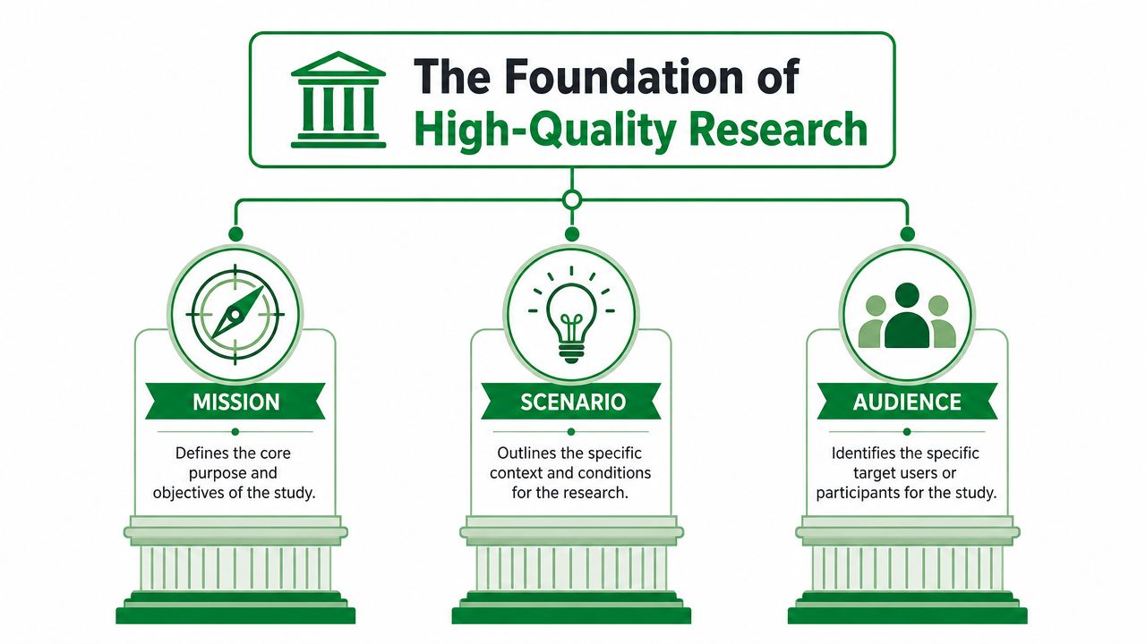 An infographic titled The Foundation of High-Quality Research showing three pillars: Mission, Scenario, and Audience.