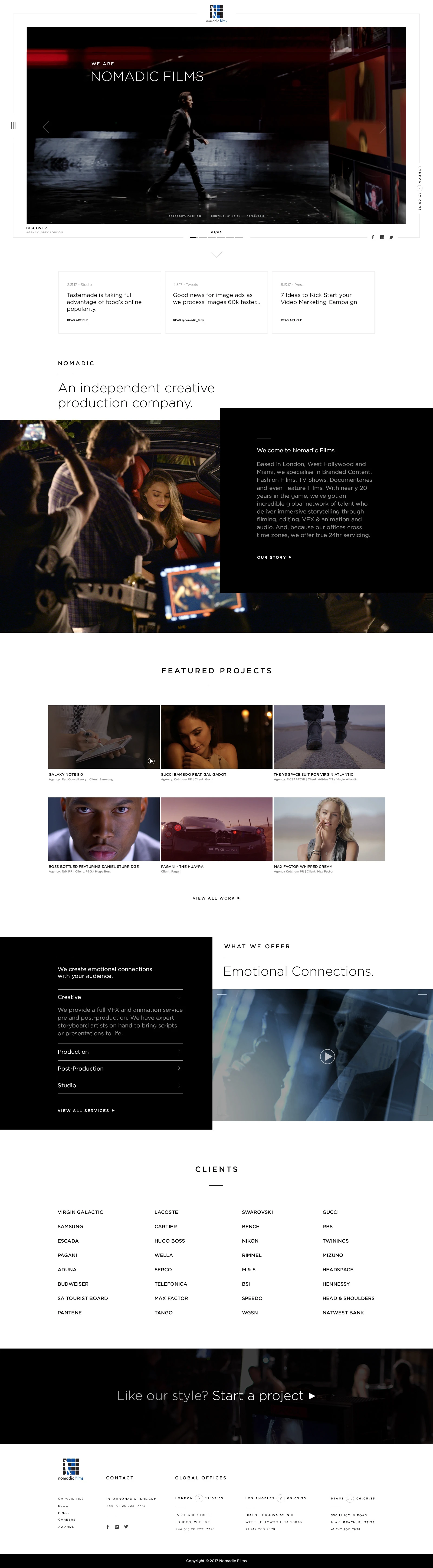 Nomadic Films website with featured productions, company information, and a film portfolio.