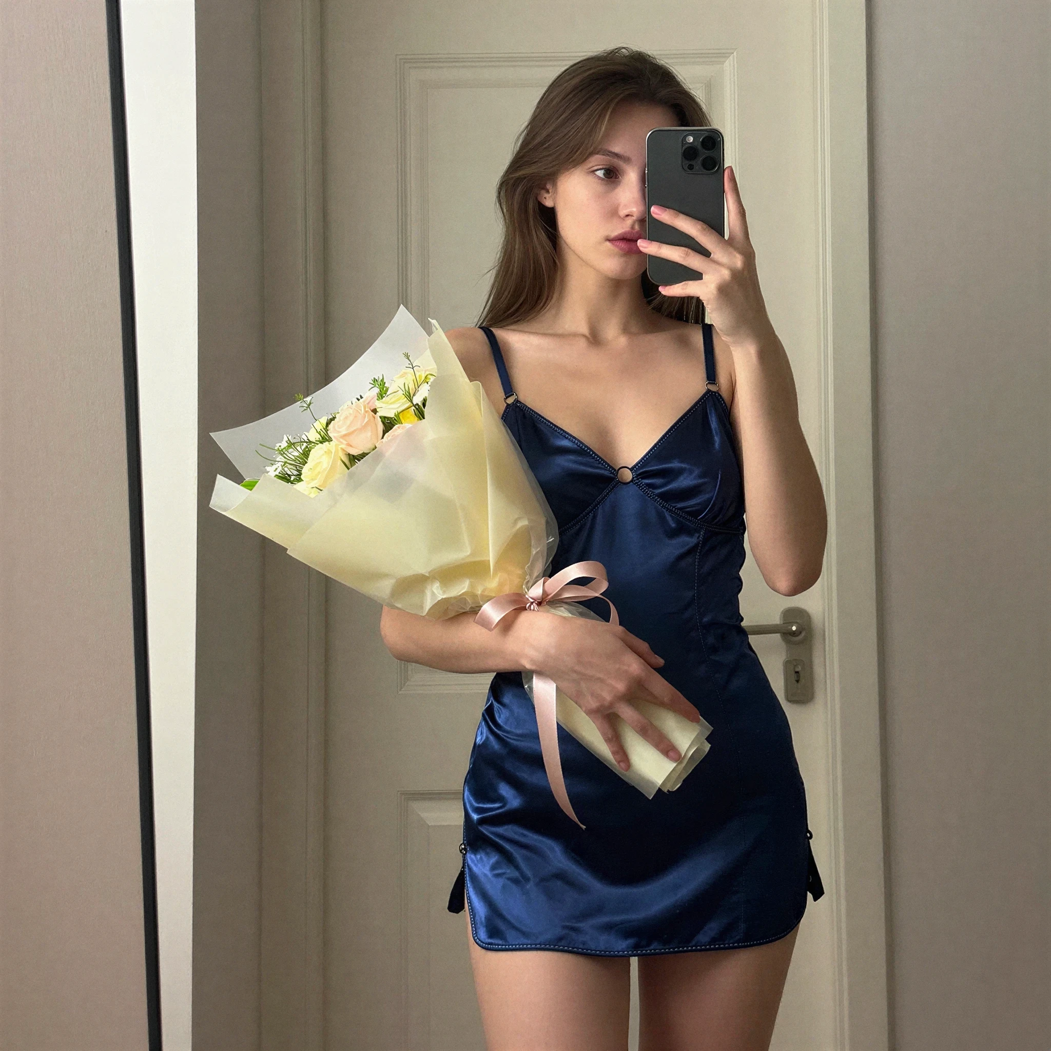 Woman in deep blue satin slip holding a bouquet in a mirror selfie.