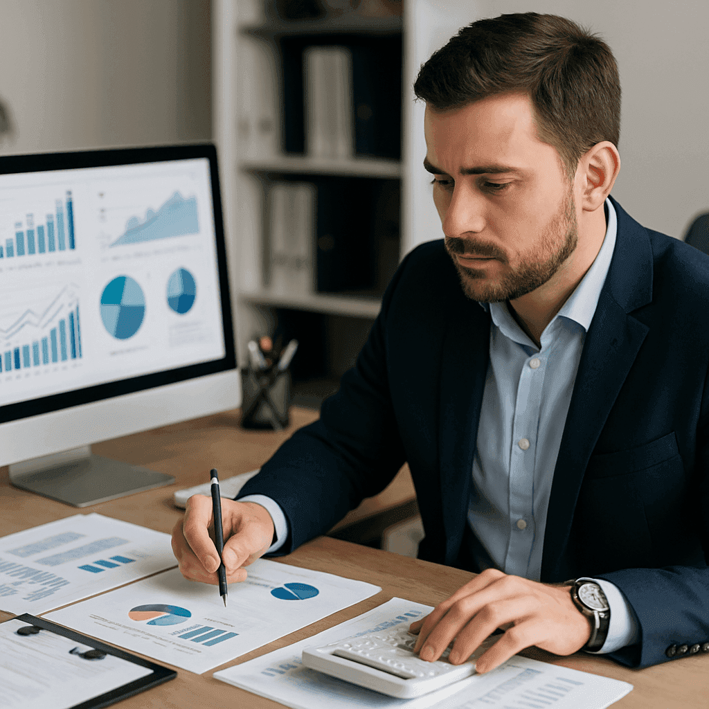 Businessman analyzing financial data at desk with charts and calculator