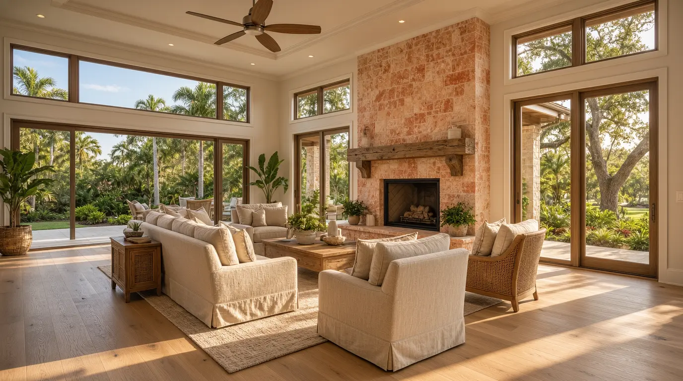 Spacious and bright living room featuring high ceilings, a tall stone fireplace with a rustic wood mantle, neutral upholstered furniture, and large windows overlooking lush tropical gardens