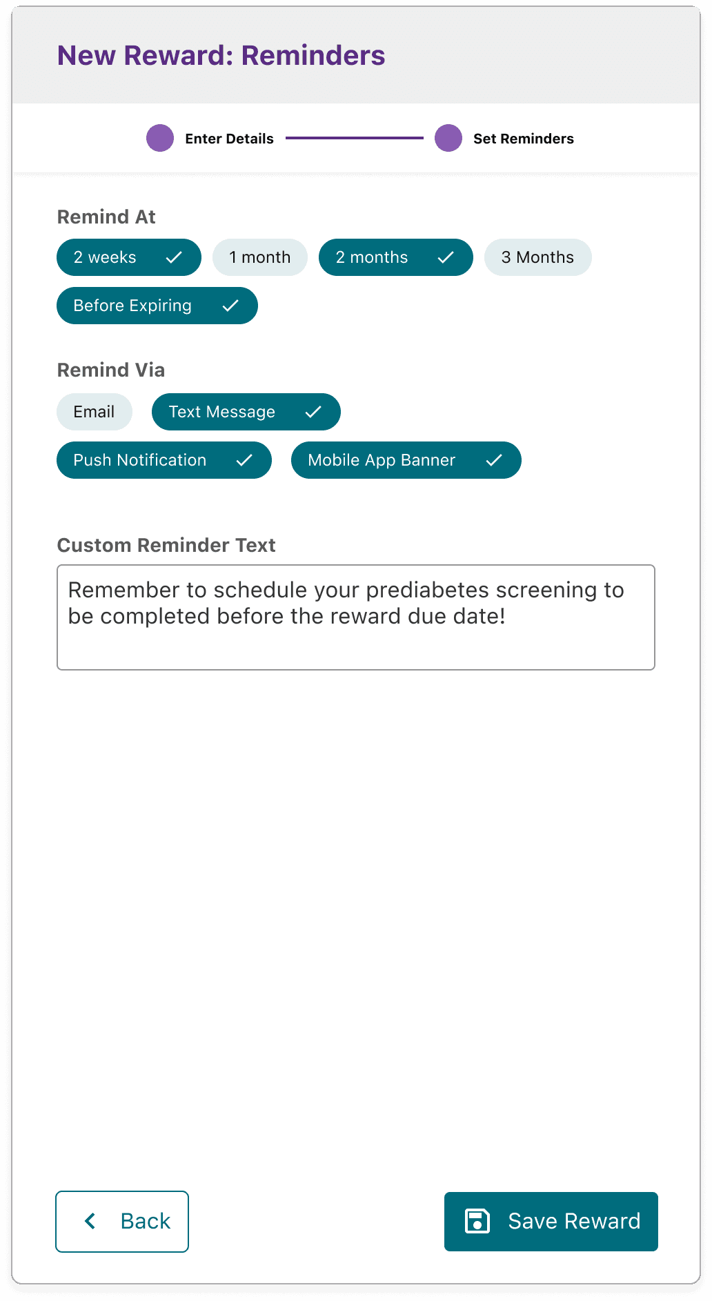 Draft design of program rewards with new reward dialog page 2 open