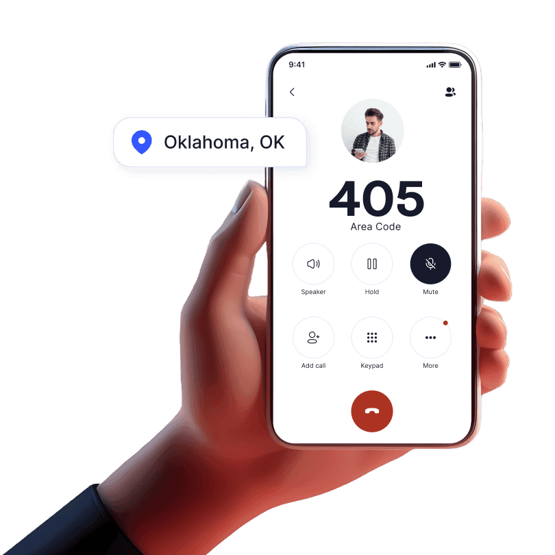 Hand holding mobile device with incoming call from 405 area code using LinkedPhone 2nd phone number mobile app
