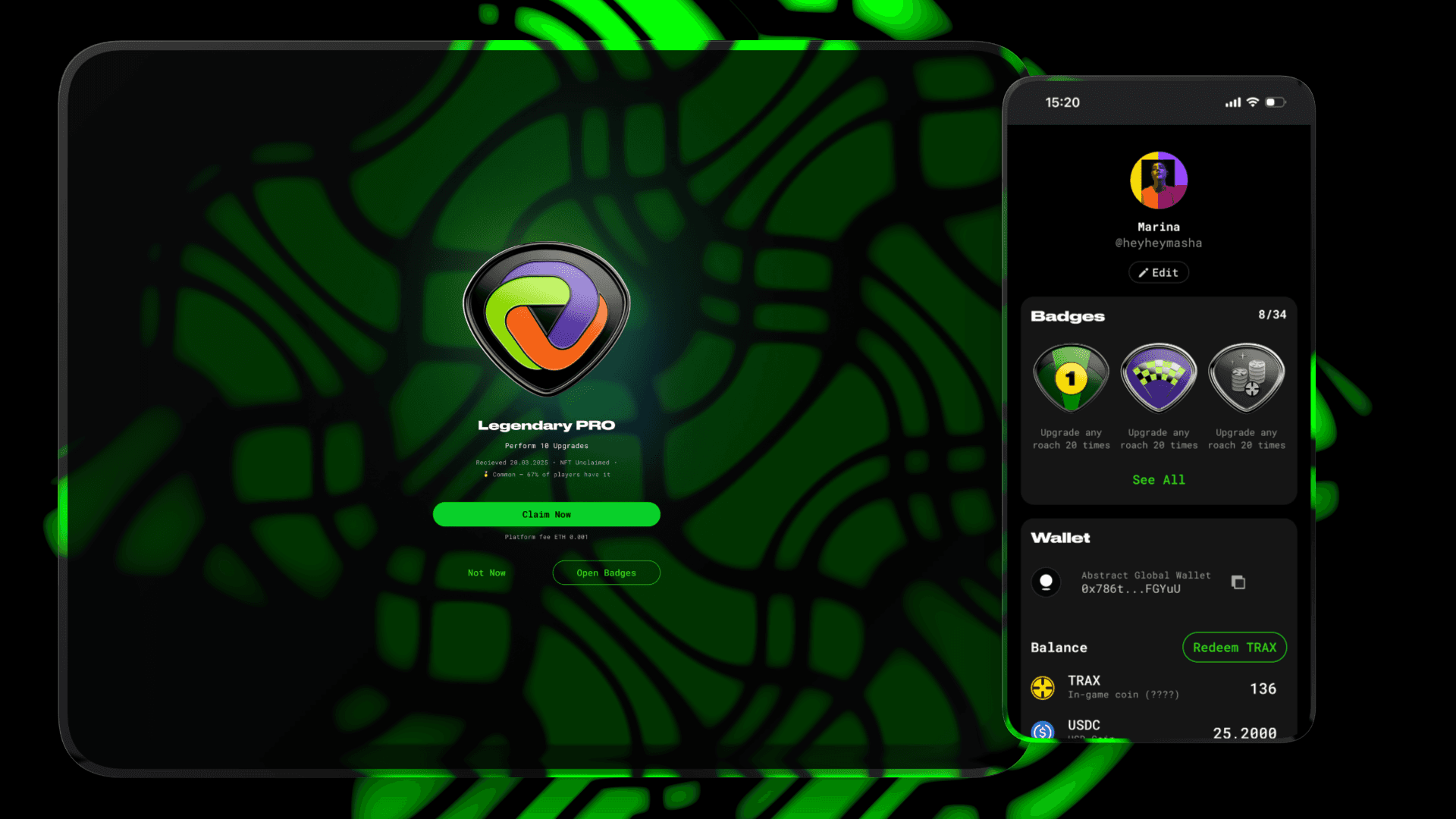Screenshots of profile with achevements' widget on mobile and of overlay with badge