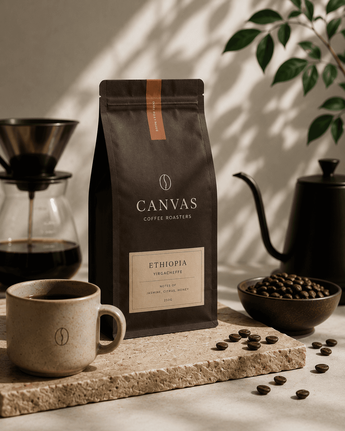 Canvas Coffee Roasters Ethiopia specialty coffee bag displayed with ceramic coffee mug, coffee beans, pour-over coffee equipment, and minimalist styling in warm natural light.