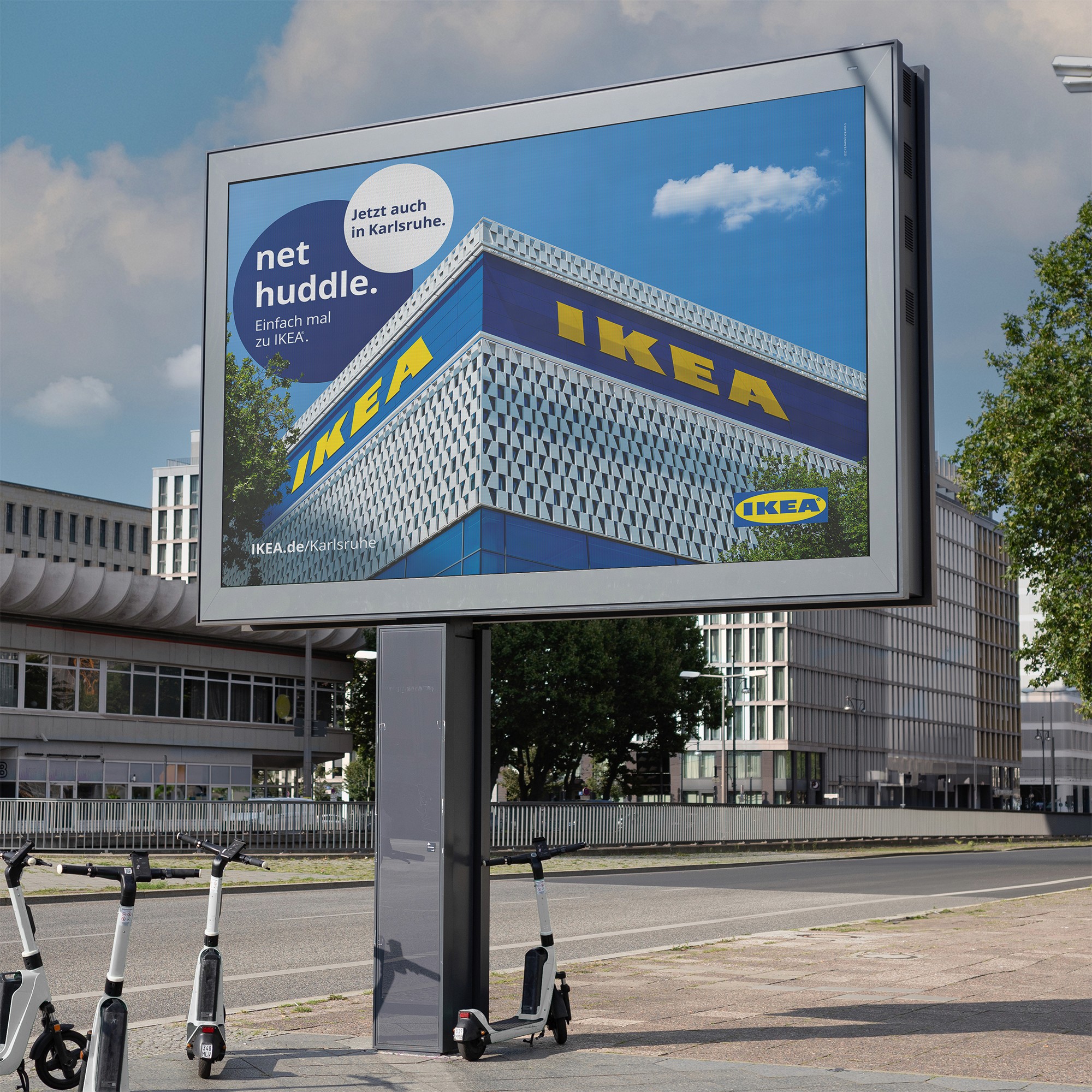 Opening campaign billboard for IKEA Karlsruhe featuring the new store facade as part of the net huddle campaign.