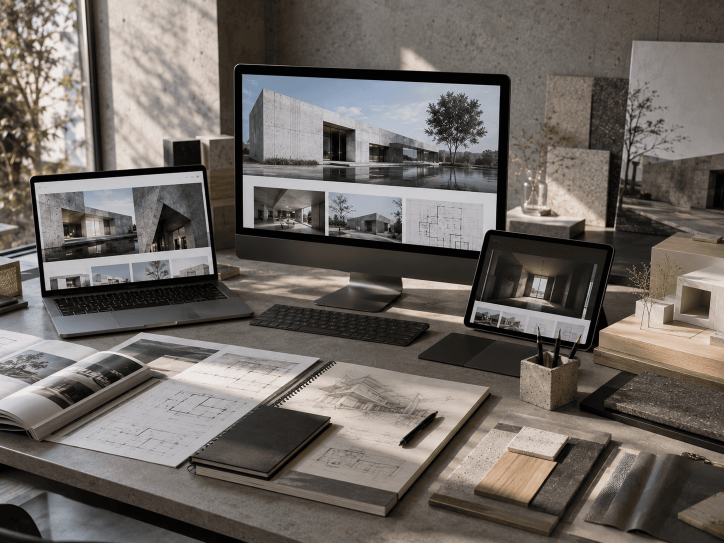 Contemporary architecture project displayed on a desktop monitor within a designer’s workspace, featuring luxury residential photography, floor plans, conceptual sketches, physical scale models, and curated material samples in a refined minimalist studio.