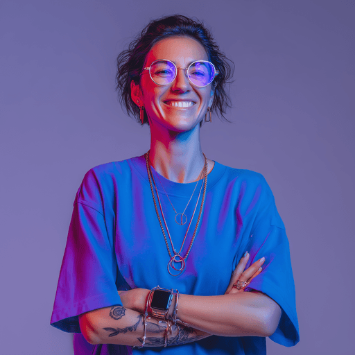 Woman in a blue shirt poses confidently with folded arms, wearing glasses and jewelry. Neon lighting casts a purple and pink glow, creating a vibrant mood.