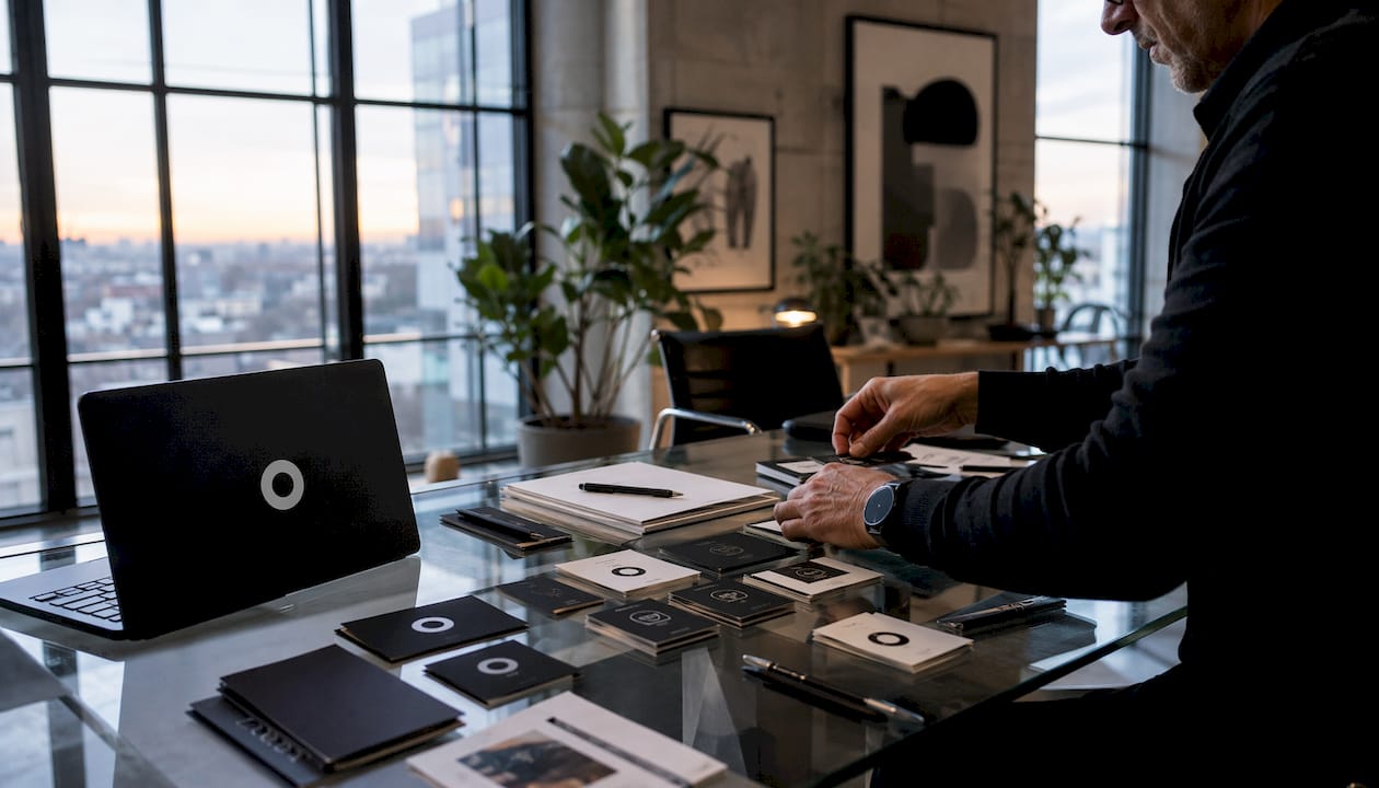 Overhead view of hands organizing house of brands materials