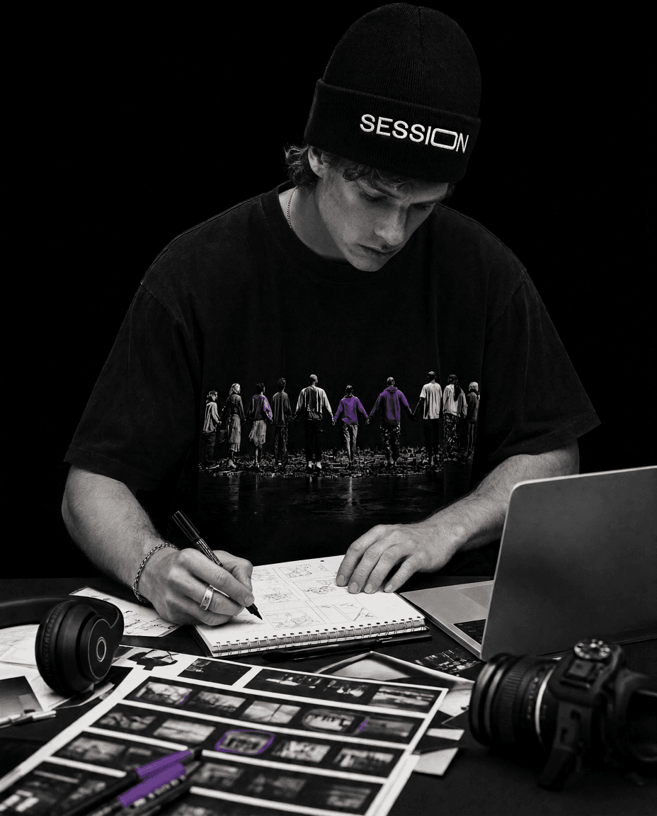 Man in a black Session Zone beanie and community-graphic T-shirt writing beside a laptop, camera and prints.