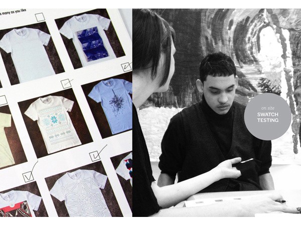 A split image shows a collection of nine different t-shirt designs arranged in a 3x3 grid on a white background. Each design is marked with a small square with a checkmark. Next to the grid, a person with dark hair is looking at the designs while another person with short dark hair is seated nearby, wearing a black turtleneck sweater. A gray circle in the upper right corner reads “on site SWATCH TESTING.”