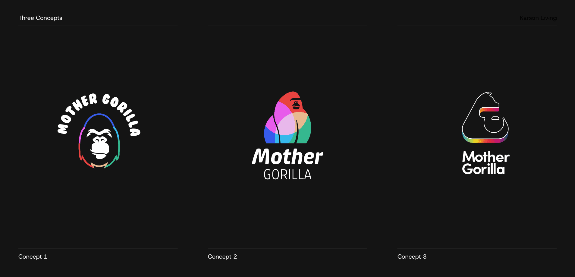 three logo concepts on a black background. Each logo concept has bright colourways and using gorilla logo concepts