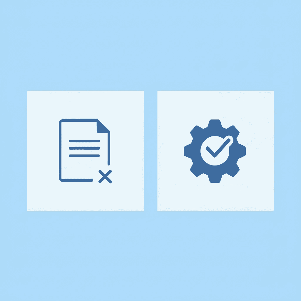 Comparison showing blank template on left with X, and completed template on right with checkmark