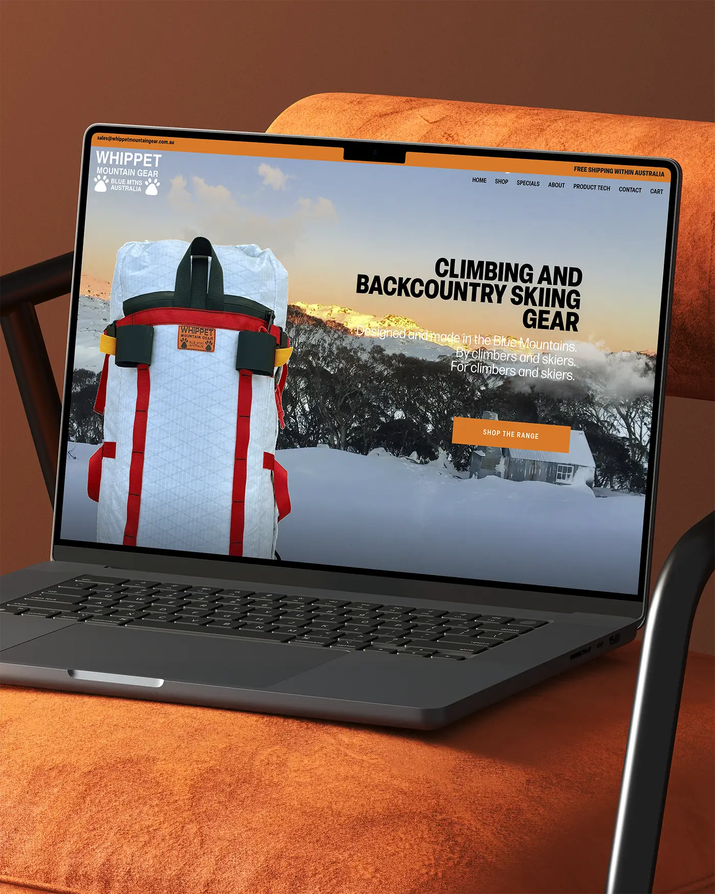 Whippet Mountain Gear Wordpress WooCommerce website homepage design.