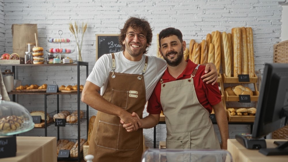 a successful bakery owner shakes hands with the new buyer of the business