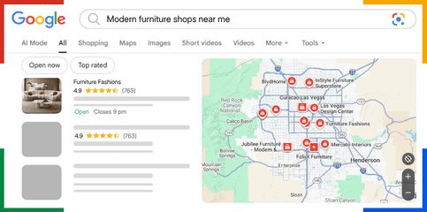 Coozmoo's Google Map Pack ("The 3-Pack") Search Result on Google for Modern Furniture Shop near me