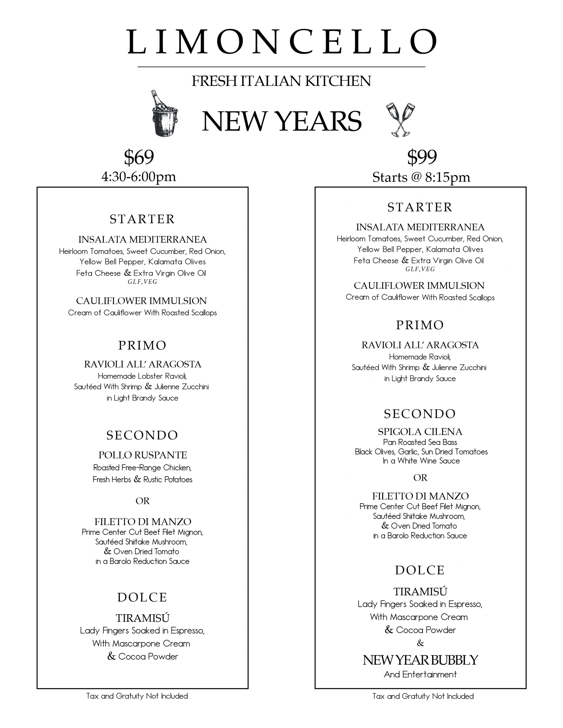 Limoncello — limoncello menu