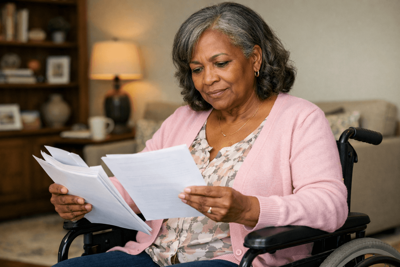woman in wheelchair reviewing documents