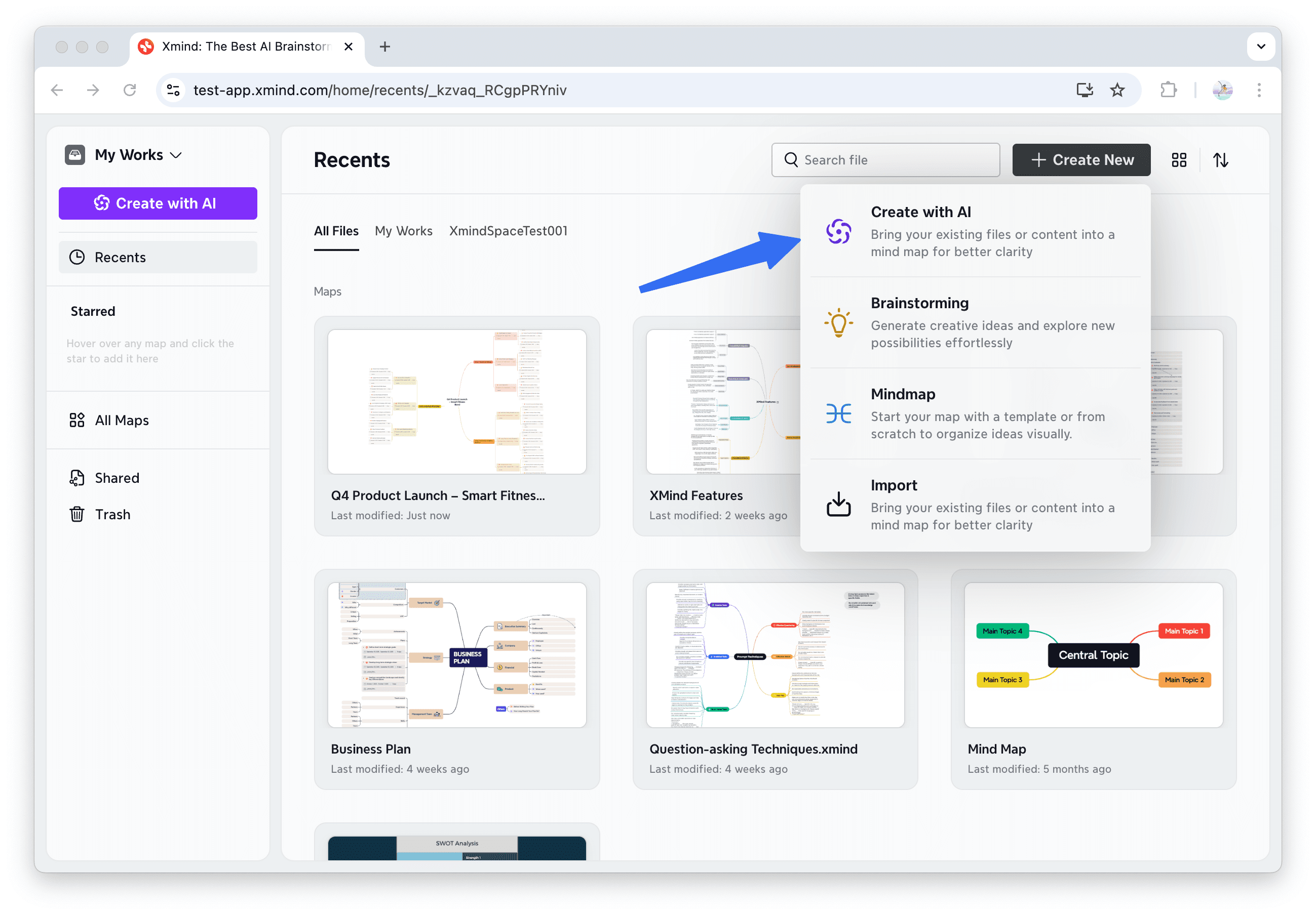 AI project planning tool interface and options