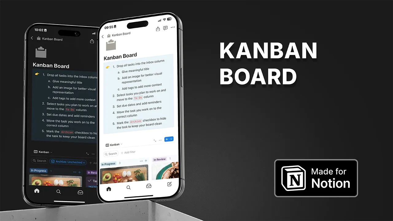 Kanban Board template on mobile devices, showcasing task management instructions and customizable columns for efficient project tracking and workflow optimization on-the-go.