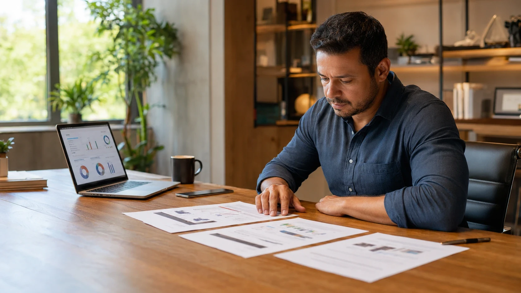 Empresário em Uberlândia comparando propostas de agências de marketing sobre a mesa, ao lado de um notebook com gráficos de desempenho.
