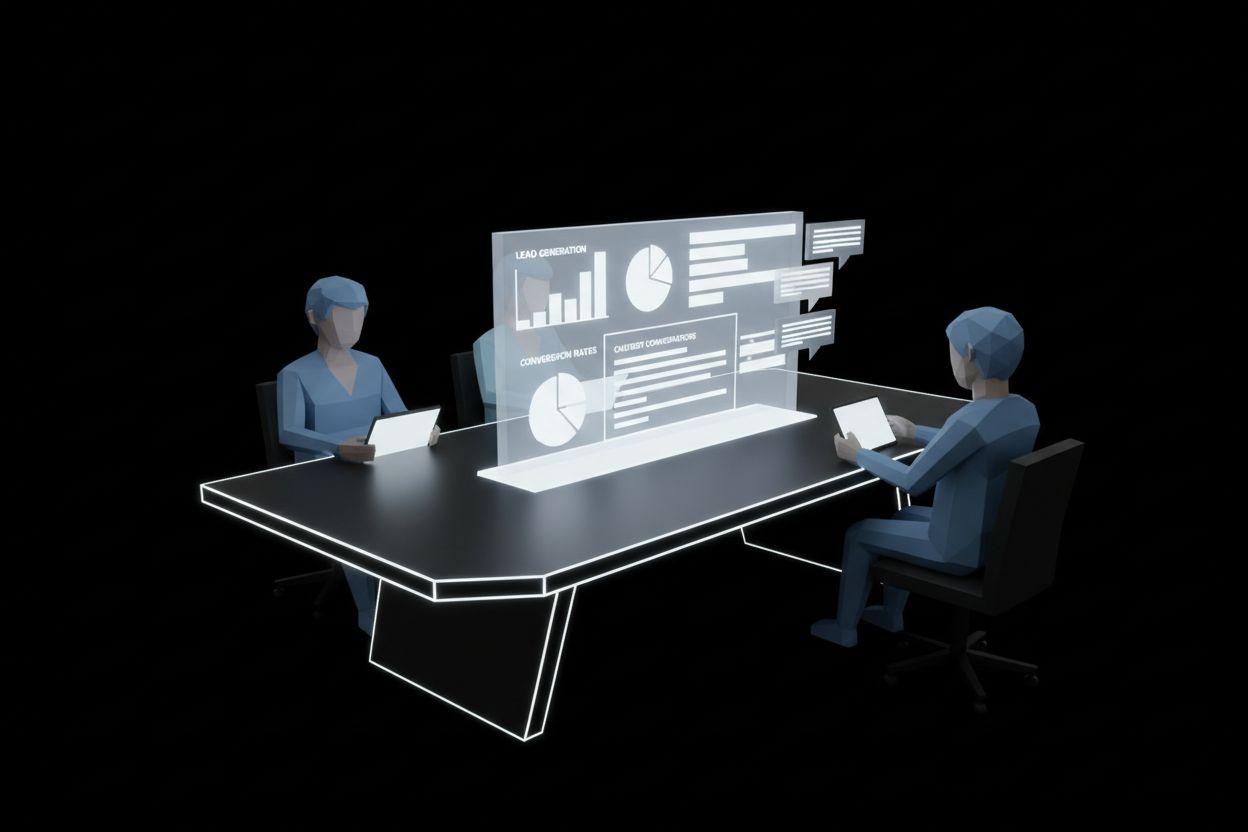 Marketing team reviewing chatbot conversations and lead data on a dashboard