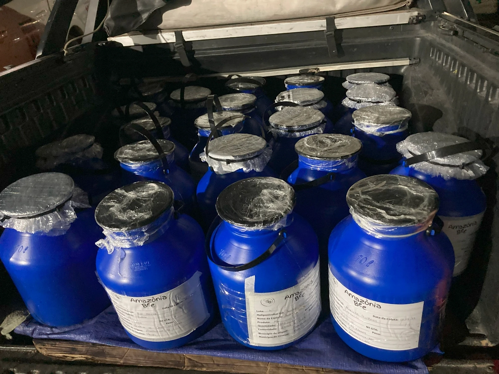 Galões de mel lacrados.