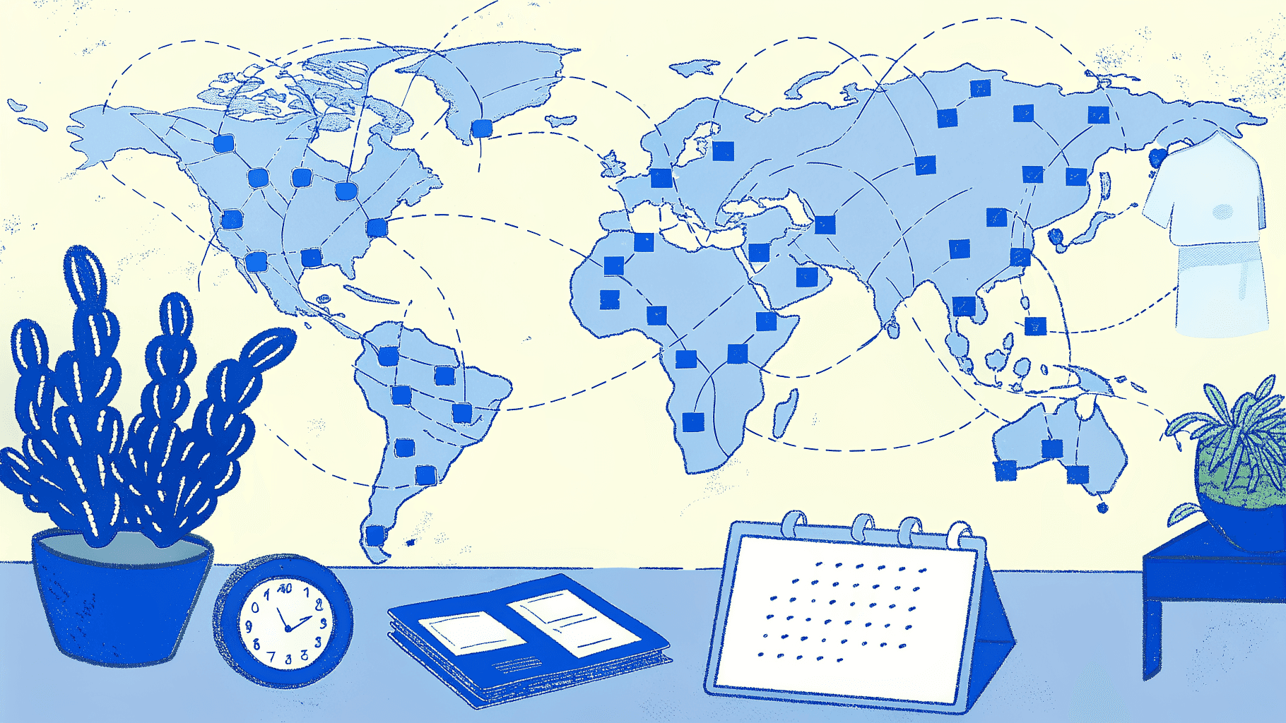 World map network showing US print hubs and EU local nodes with a fixed event-date calendar