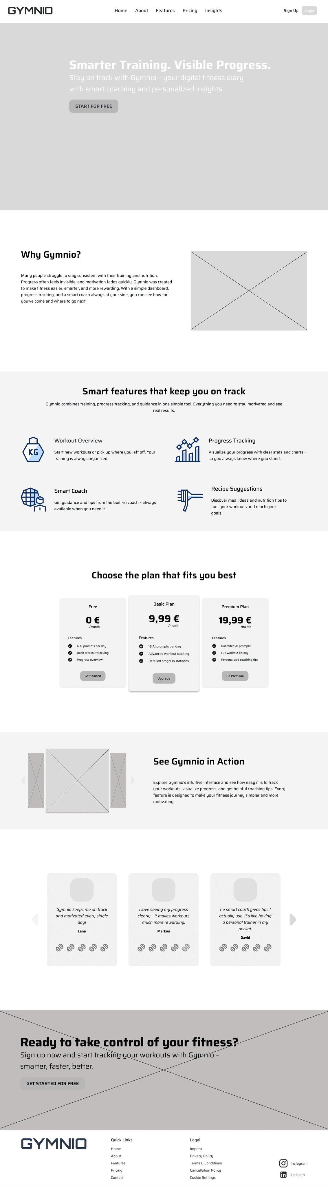 Midfi-Wireframe-Screens für  Landingpage