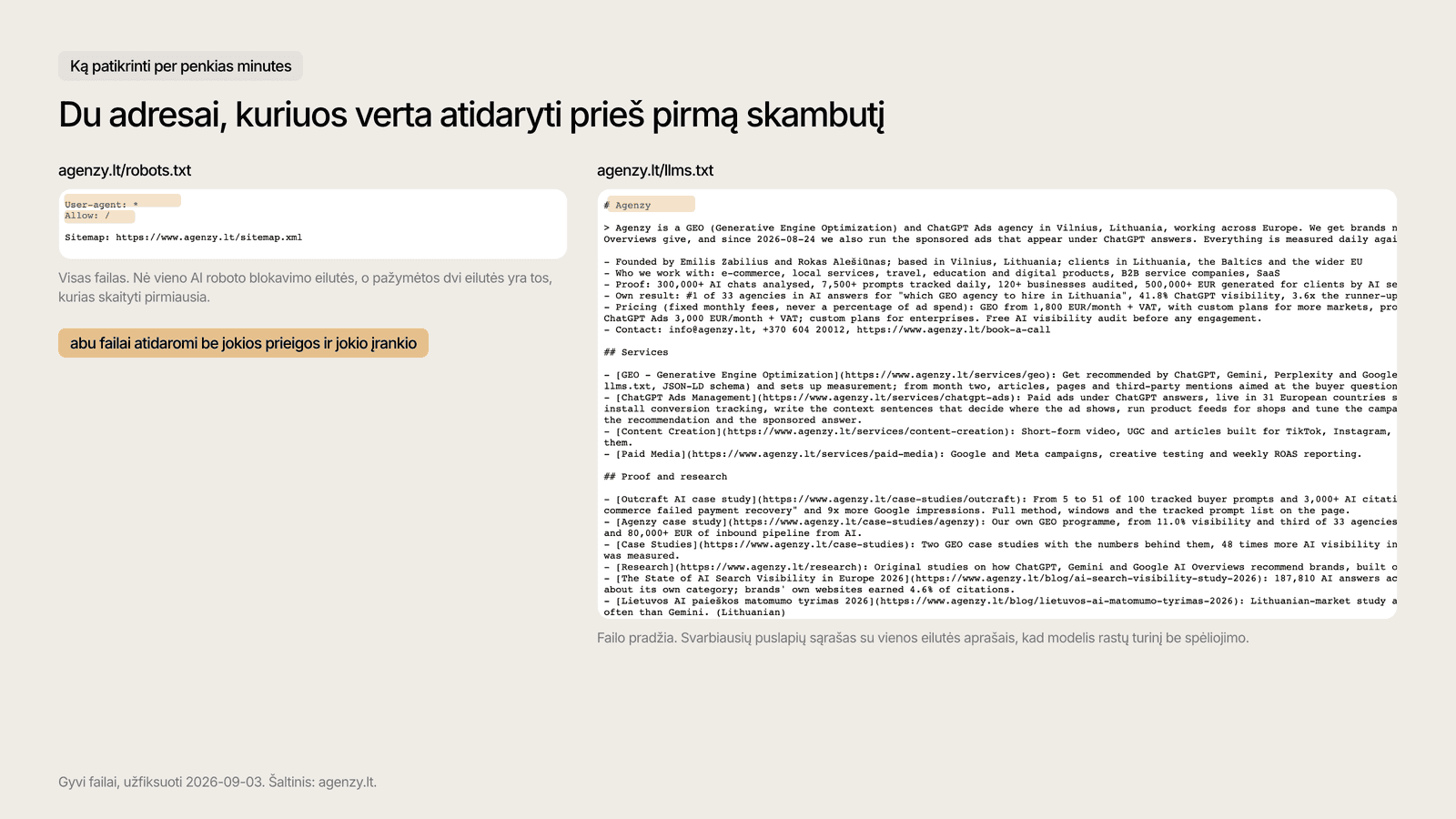 robots.txt ir llms.txt failai, kuriuos verta atidaryti prieš pirmą skambutį.