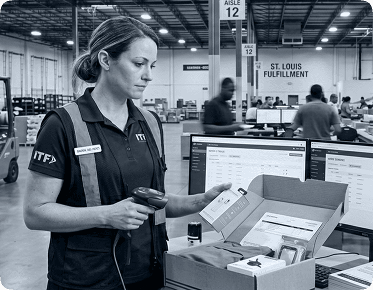 St. Louis fulfillment worker scanning products into WMS for accurate ecommerce pick, pack and ship