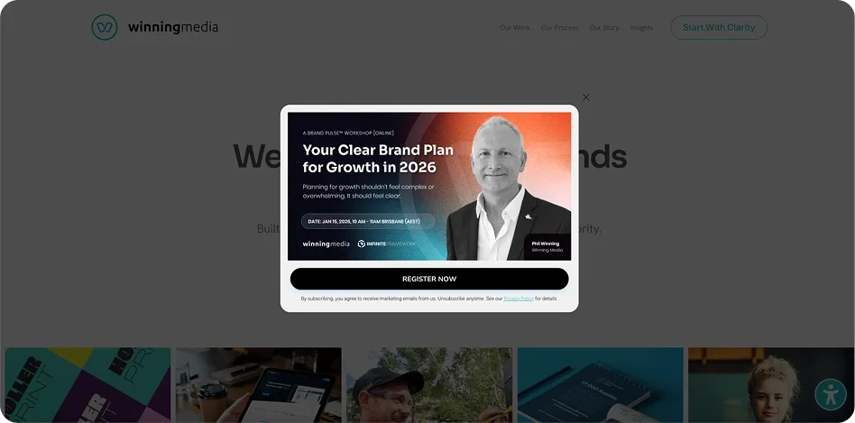 B2B exit-intent popup example from Winning Media offering a free brand planning workshop to capture high-value service leads