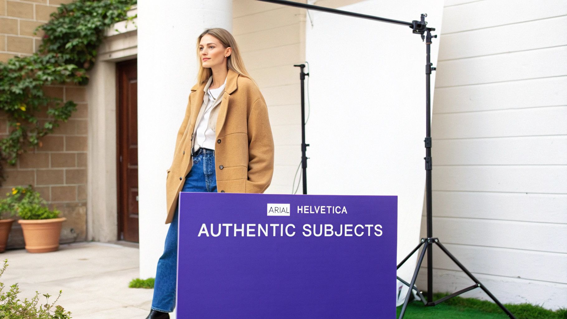 A woman in a brown coat and jeans stands beside a purple sign, next to a photography backdrop.