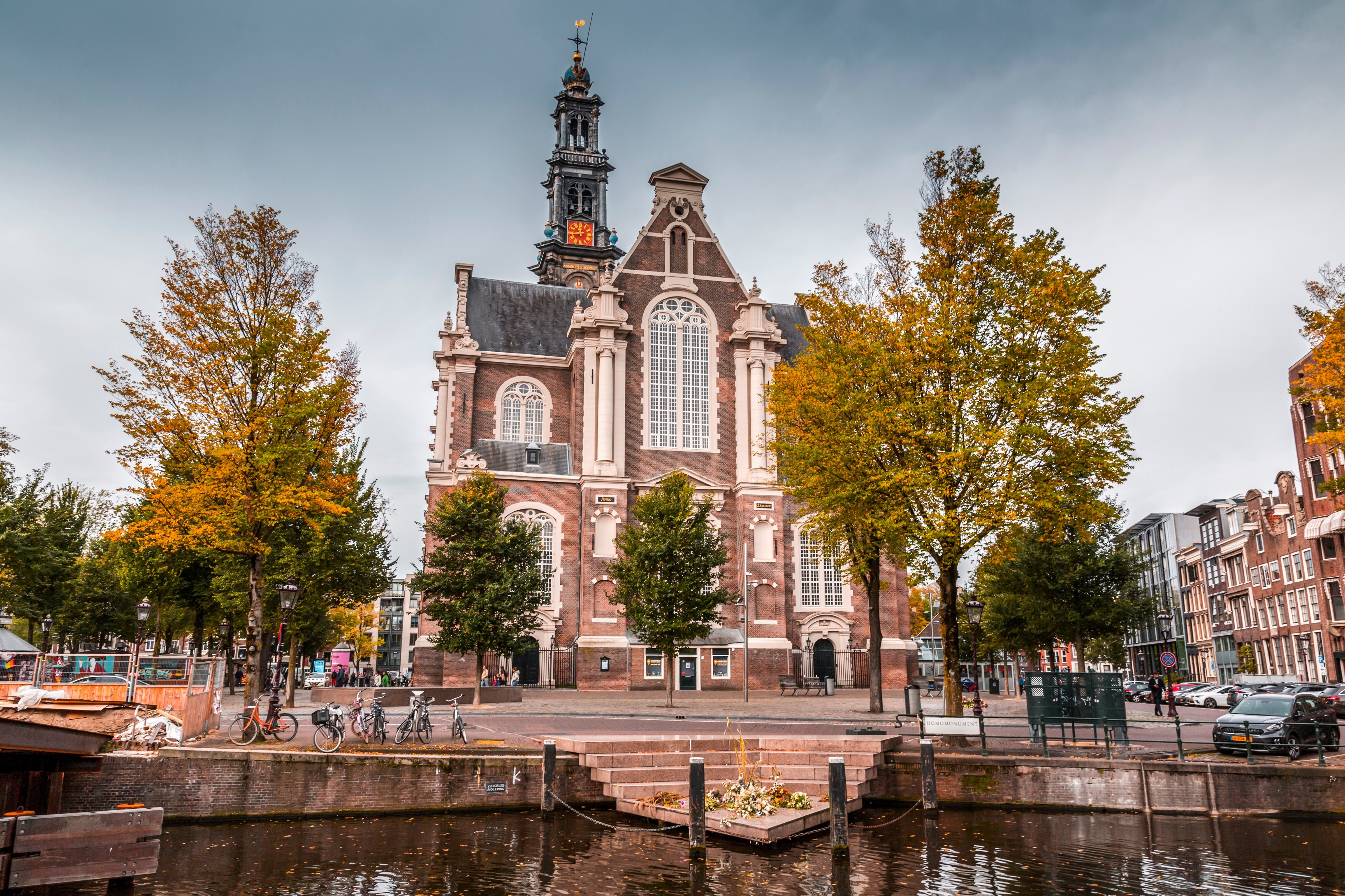 Part of the Homomonument juts out into Amsterdam's Keizergracht, with the Westerkerk in the background.