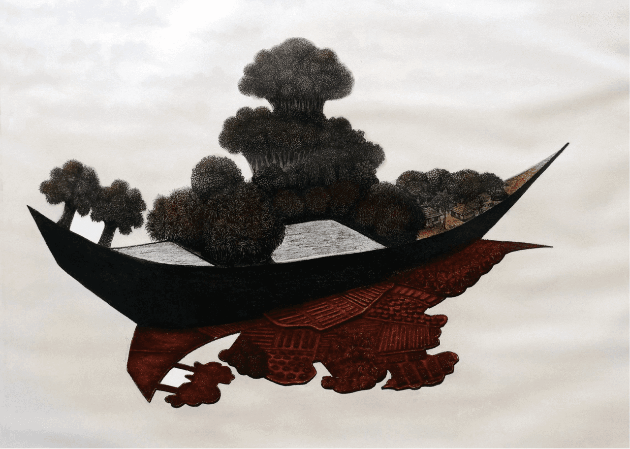 herd of sheep on road painting