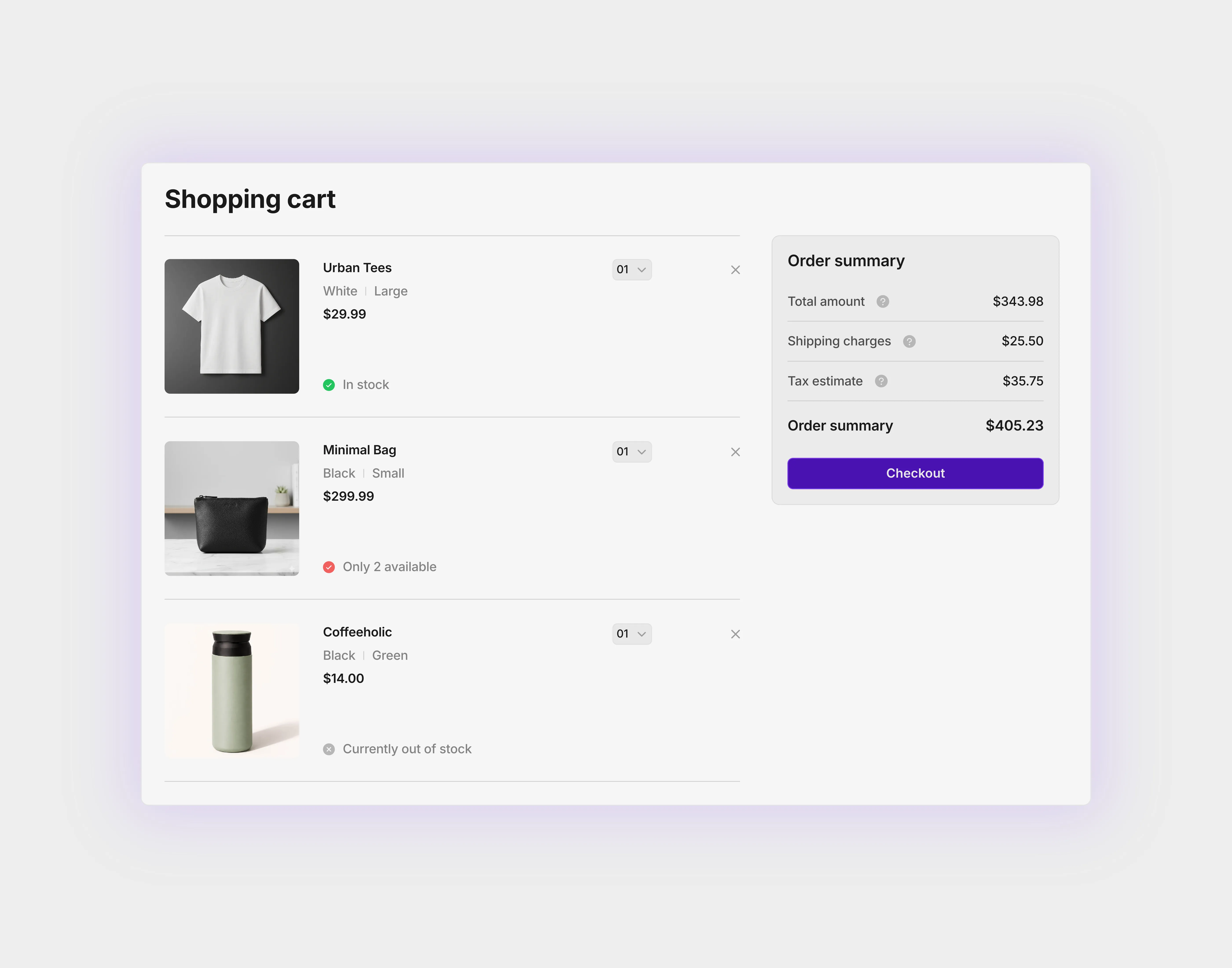 Light themed shopping cart with two colomn