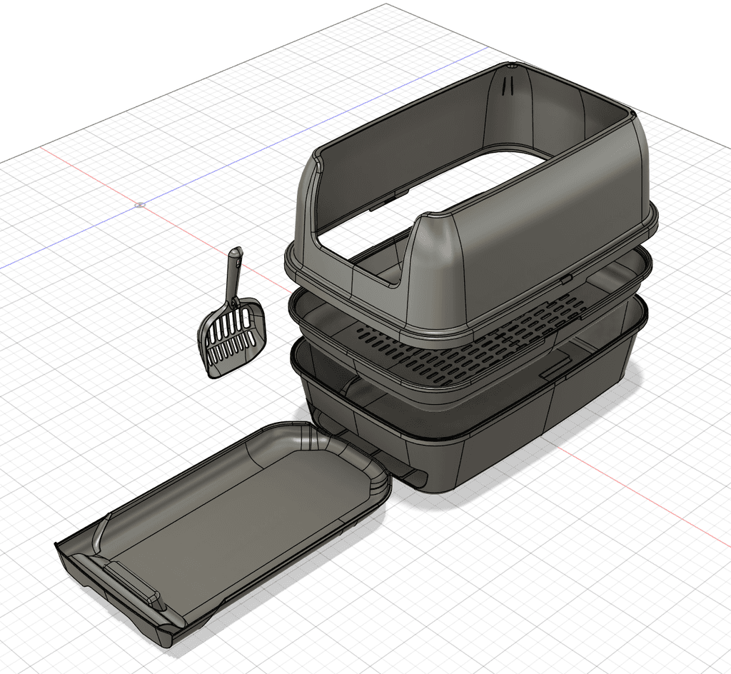 The image shows a 3D model of an open, stackable Treasured Pals Premium Sifting Litter System with three layers, featuring a removeable tray and a scoop, displayed on a grid background, highlighting its modular design and practicality.
