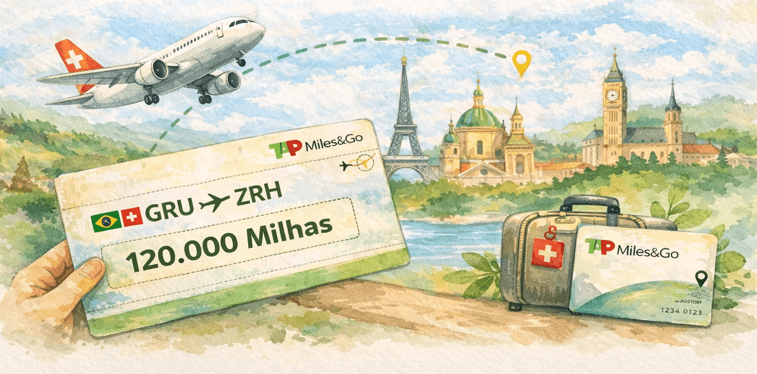 Tabela fixa TAP Miles&Go mostrando emissão de voo SWISS de São Paulo para Zurique por 120.000 milhas em classe executiva.