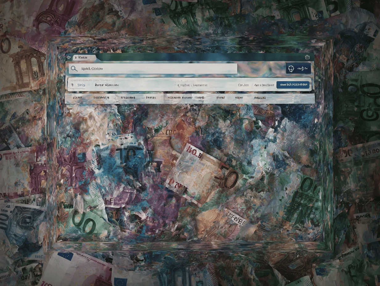 Artistic image of a search interface layered over euro banknotes, representing transparency and the true cost of web design services in Luxembourg.