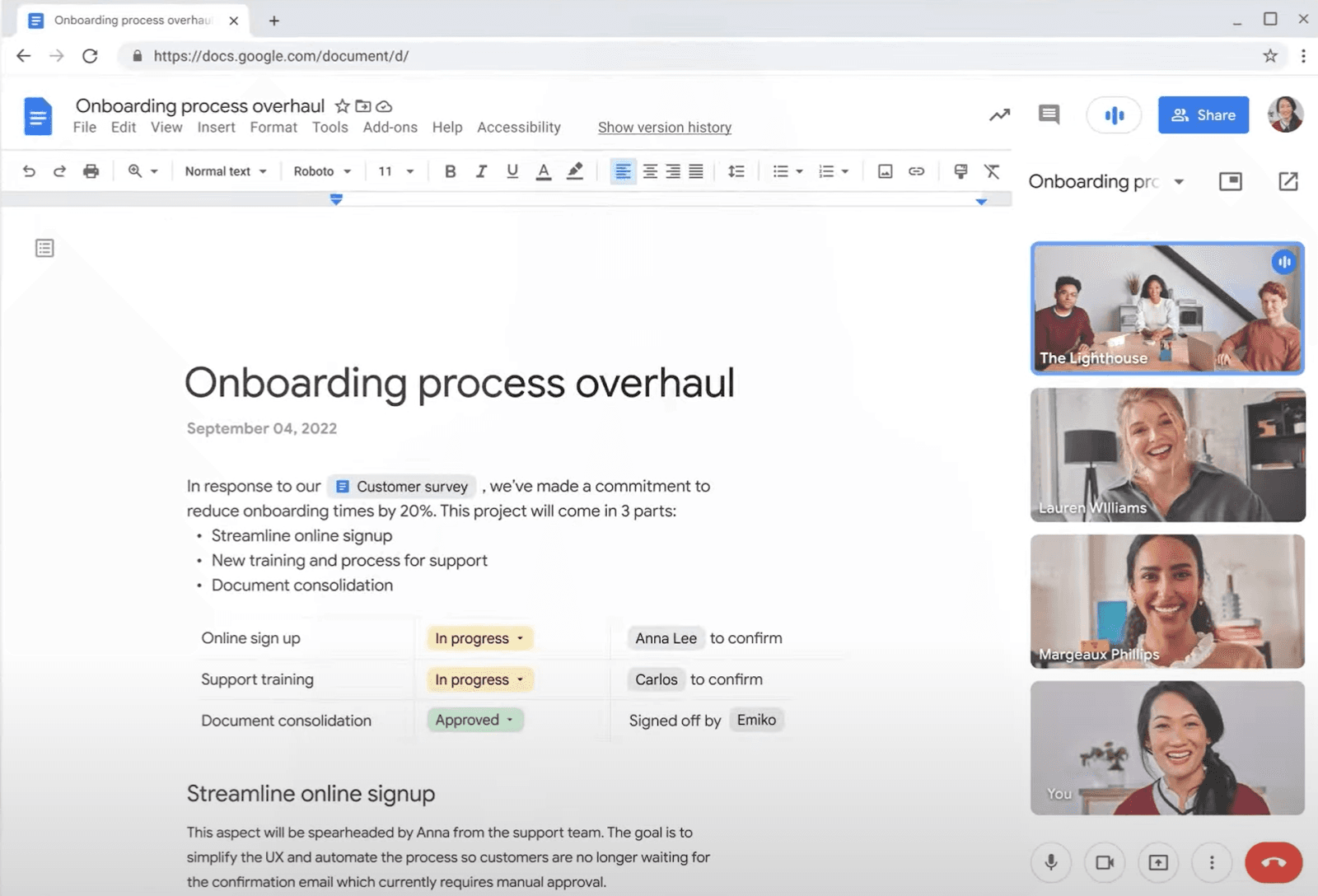 Screenshot of a Google Meet call within a Google Docs document