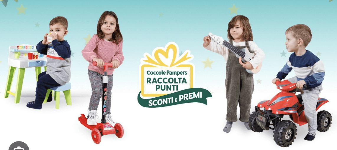 Pampers Coccole Raccolta Punti loyalty program promotional banner featuring children playing with toys and rewards, showcasing points collection system for discounts and prizes - loyalty strategy and first-party data infrastructure developed by Alessandro Brancati Marketing & Growth Studio