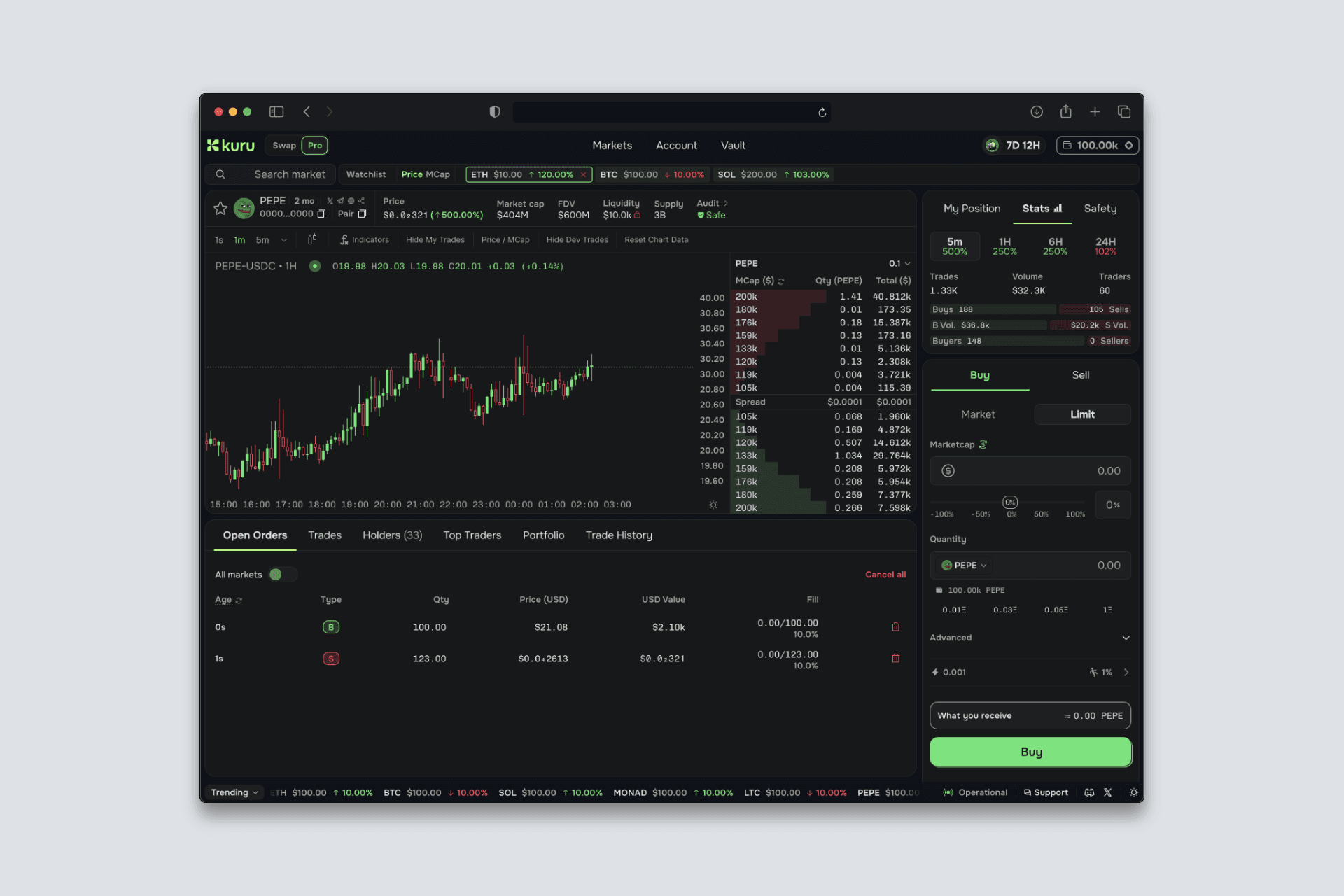 Trading interface, dark mode