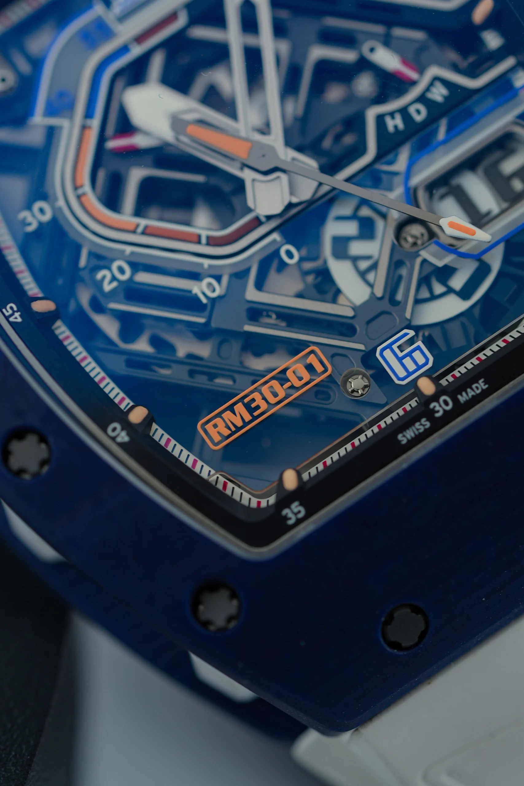 Close-up of the skeletonised dial on the Richard Mille RM 30-01 Blue Quartz TPT